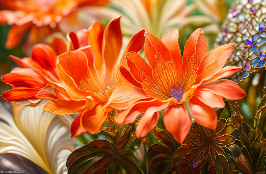 Detailed orange flower petals on warm patterned background