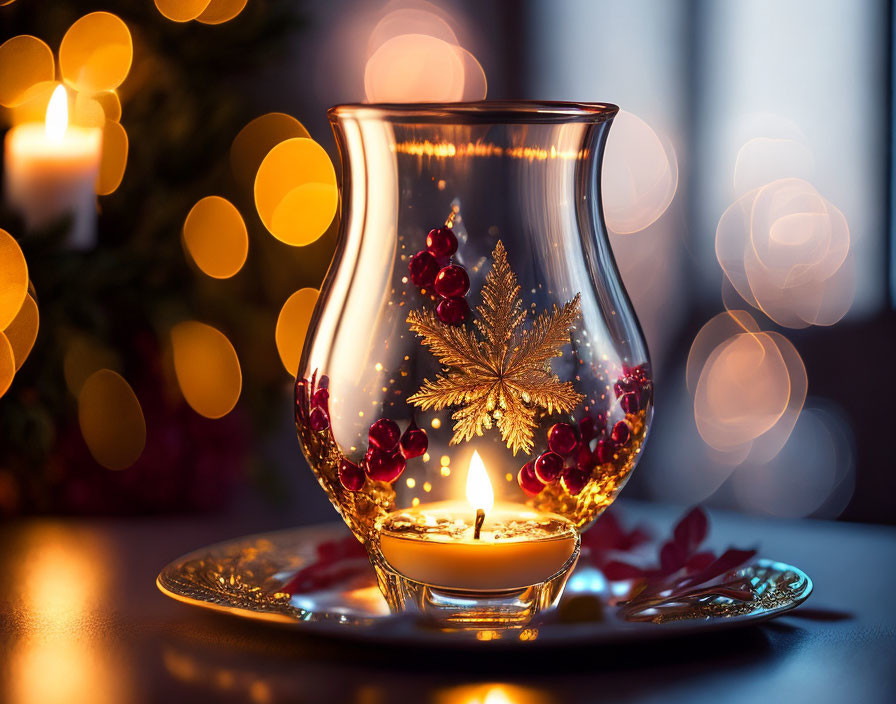 Decorative glass holder with autumn leaves and burning candle on warm bokeh background