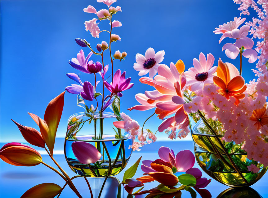 Colorful Flowers in Transparent Vases Under Blue Sky