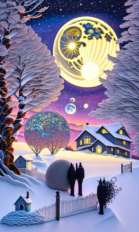 Stylized winter night scene with snow-covered landscape and whimsical moon.