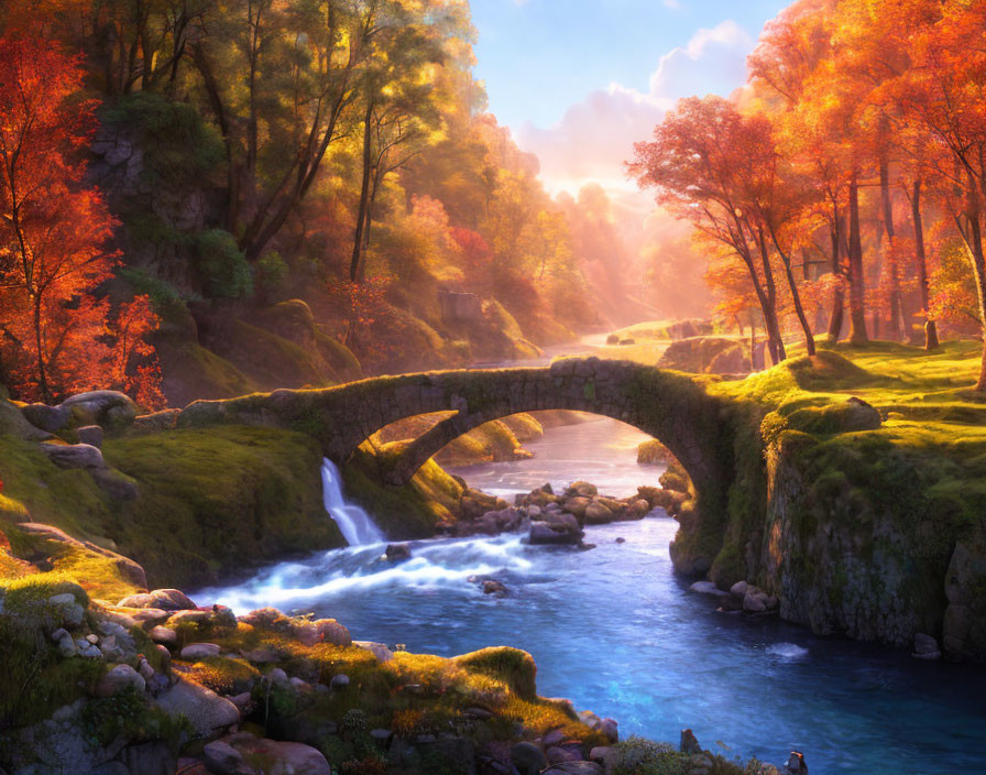 Scenic autumn landscape with old stone bridge and vibrant trees