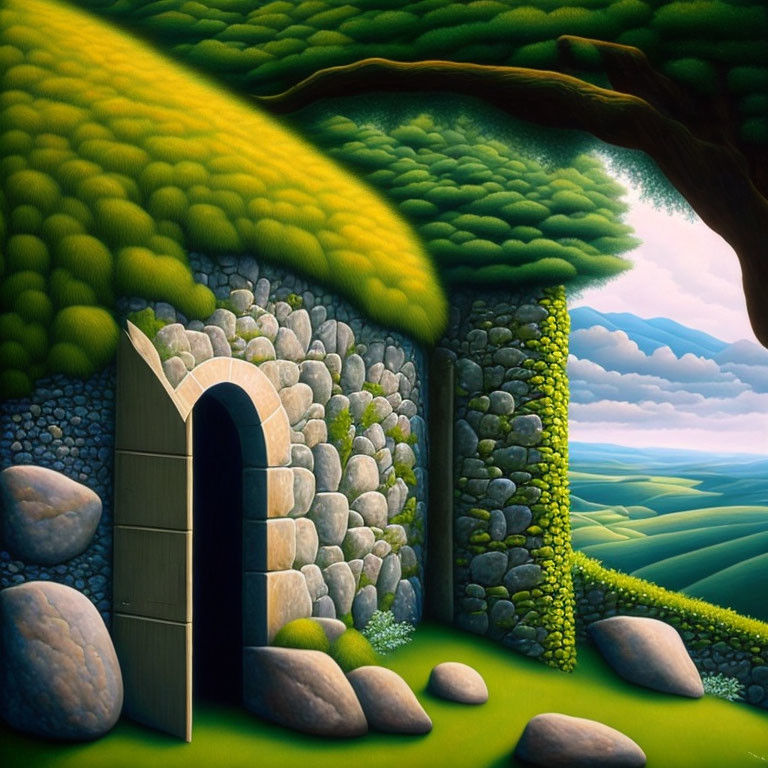 Whimsical painting of stone structure under lush green tree on hill