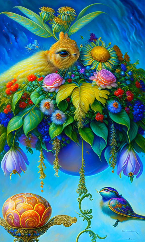 Colorful surreal bird painting with floral body and hummingbird on branch.