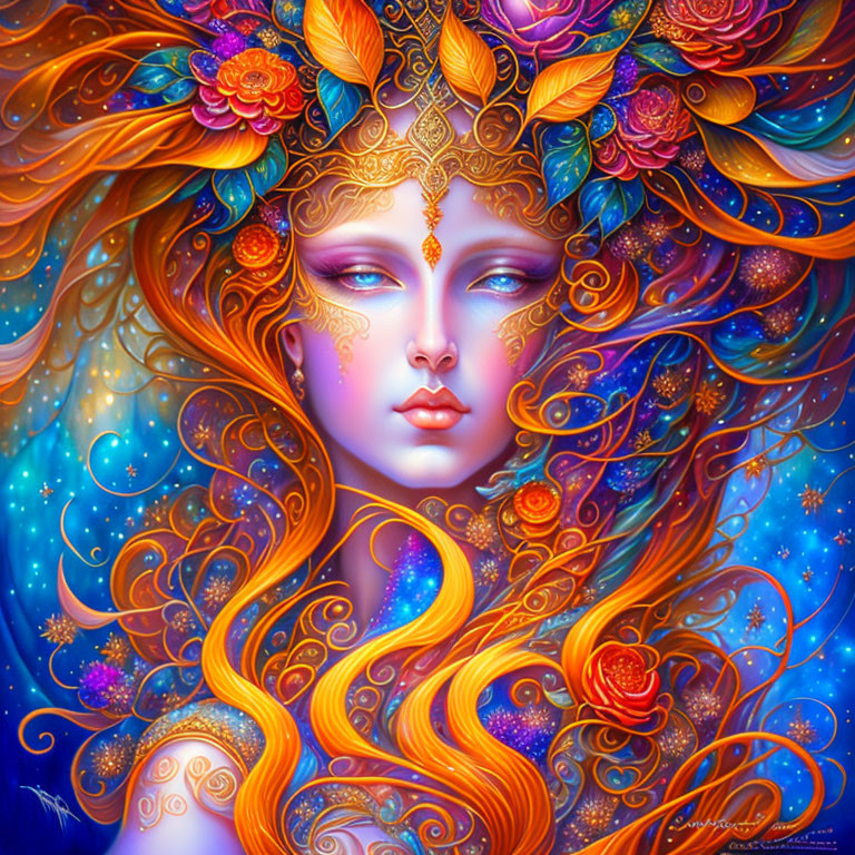 Colorful portrait of a woman with orange hair and floral accents in cosmic setting