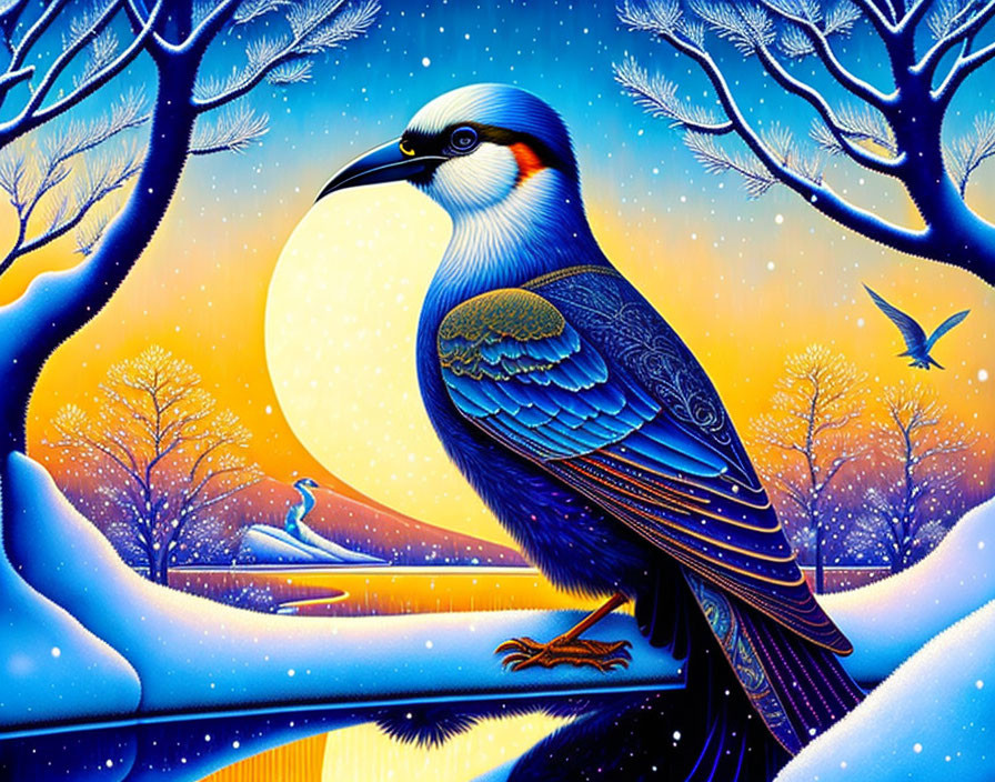 Colorful Winter Scene with Stylized Bird and Full Moon