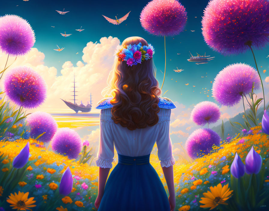 Woman in floral headband admires fantasy landscape with oversized flowers, sky ship, and colorful sunset.