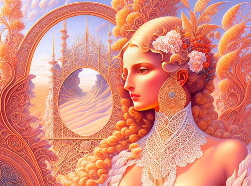 Detailed artwork of ethereal woman with ornate jewelry against fantastical background