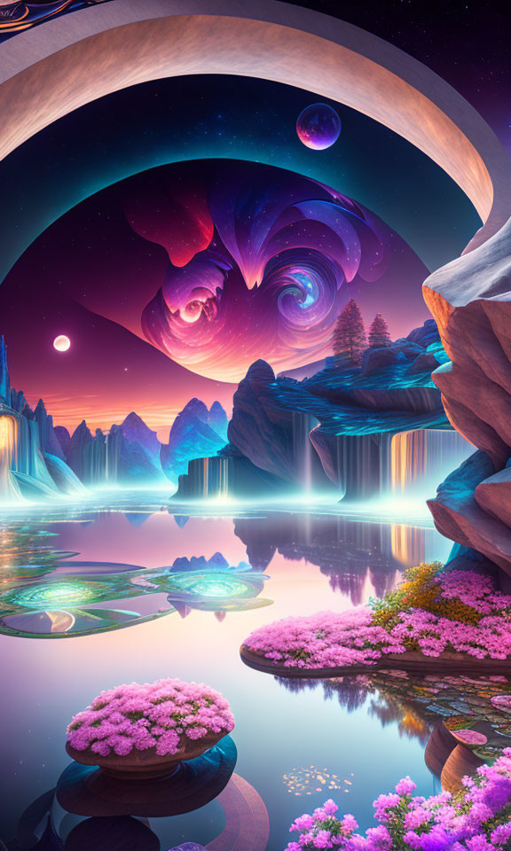 Fantasy landscape with waterfall, floral islands, and cosmic sky