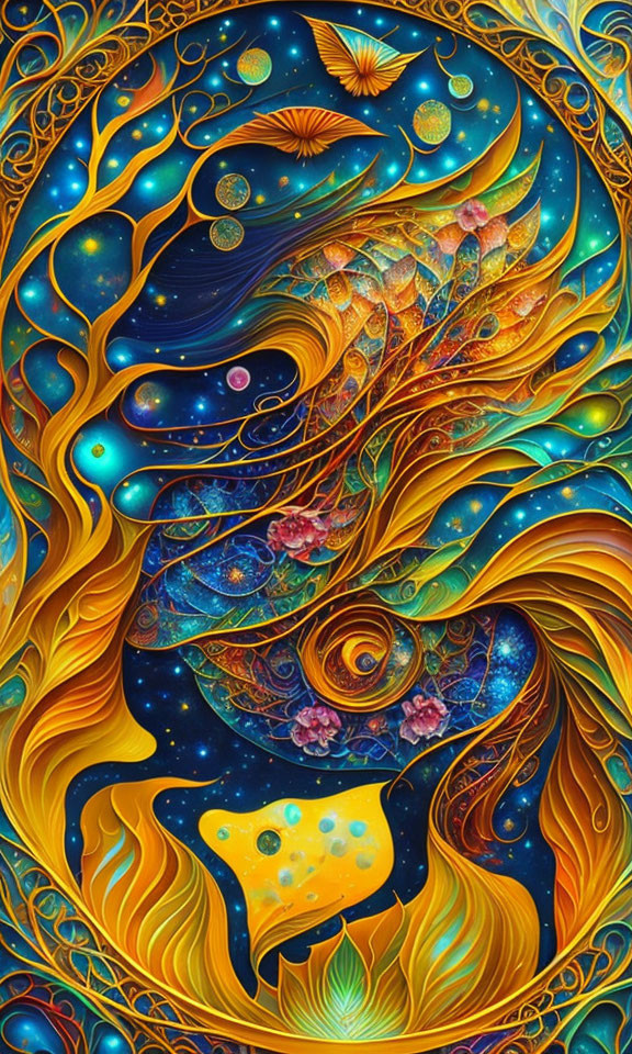 Colorful swirling patterns in cosmic artwork with trees and stars
