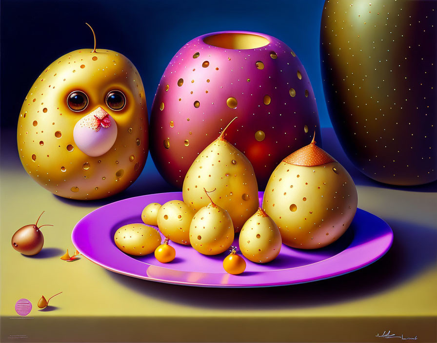 Anthropomorphic Fruit Faces on Purple Plate - Surreal Artwork