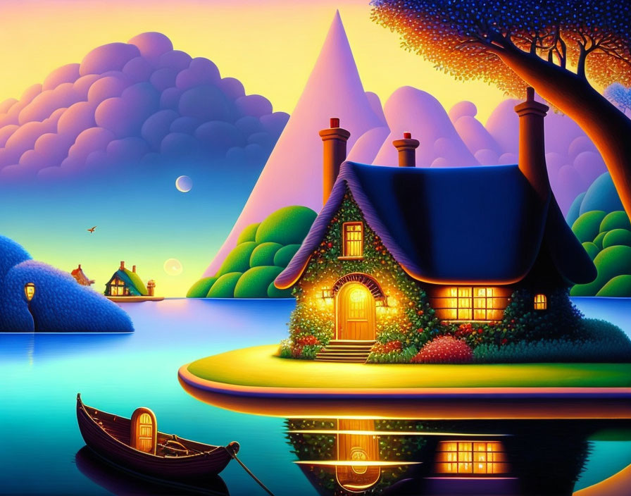 Colorful landscape with cottage, lake, boat, trees, mountains, and sunset.