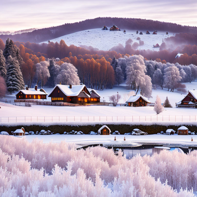 Snowy village landscape with cozy houses and frost-covered trees