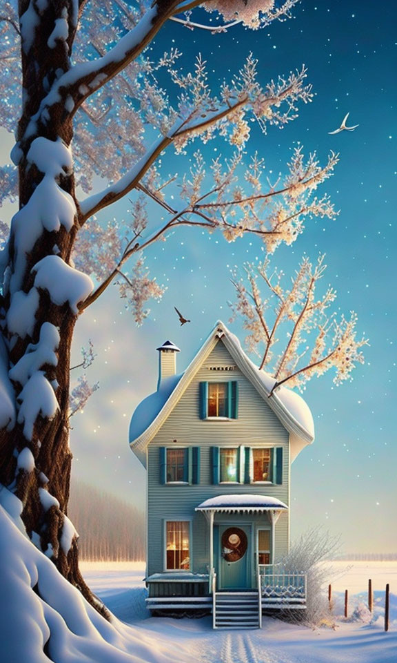 Snow-covered two-story house in picturesque winter landscape with snowy tree and birds.