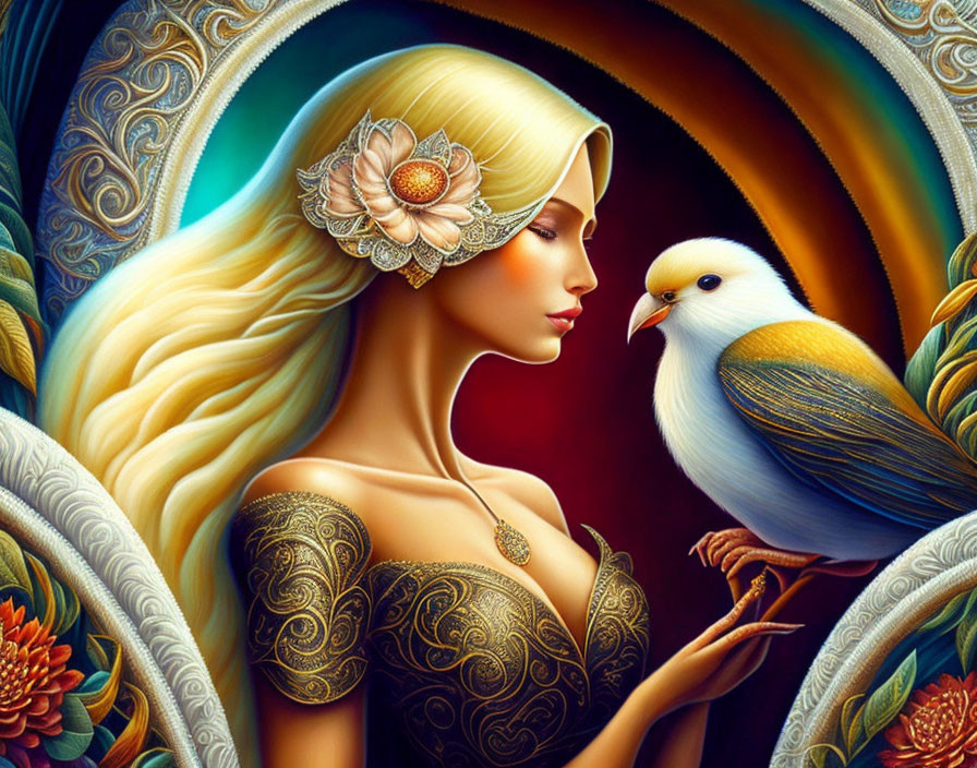 Golden-haired woman with floral accessory and stylized bird in vibrant, rainbow-colored setting