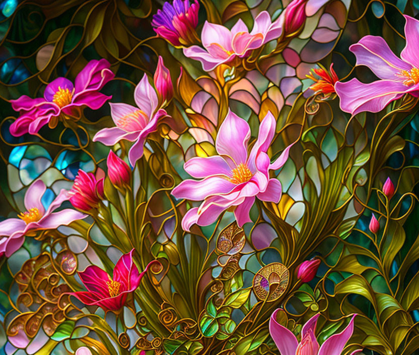 Colorful pink flowers with golden stems on mosaic background.