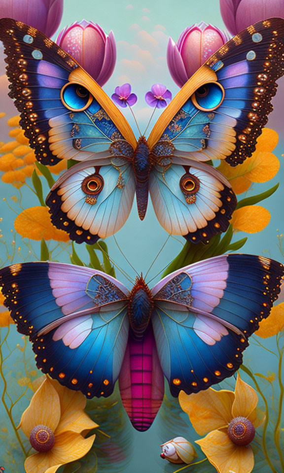 Colorful Symmetrical Butterflies with Intricate Wing Patterns Among Vibrant Flowers