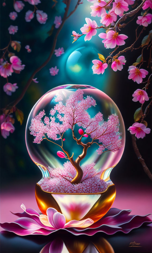 Colorful Crystal Ball Artwork with Cherry Blossom Tree and Floating Orbs