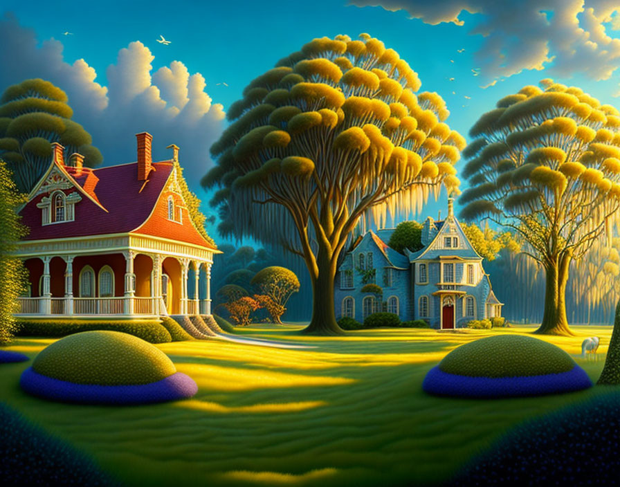 Fantasy landscape with whimsical houses and mushroom-shaped trees