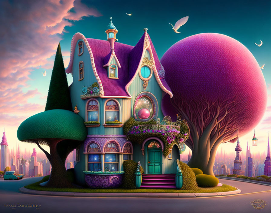 Vibrant purple fantasy house illustration with ornate details