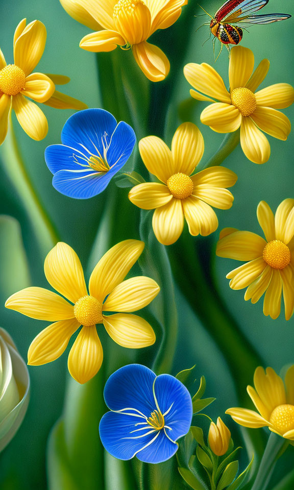 Colorful yellow and blue flowers with red and black insect on green background