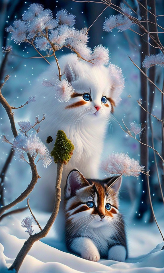 Two fluffy kittens on snow-covered branch in magical wintry scene