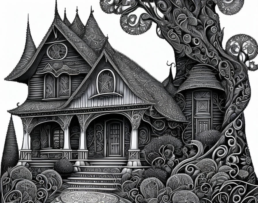 Detailed black and white illustration of whimsical house and ornate tree