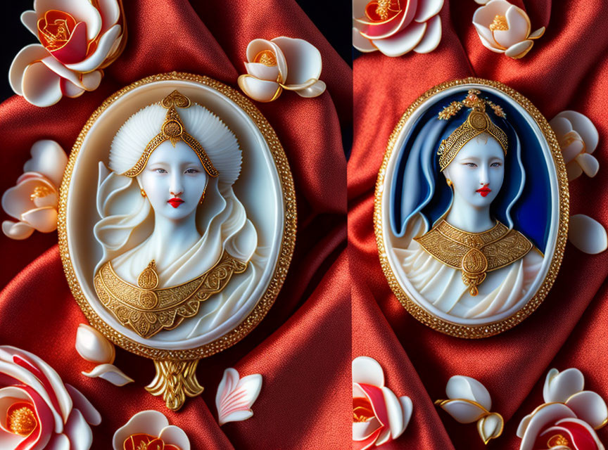 Classical Attire Women Cameo Brooches on White and Blue Backgrounds