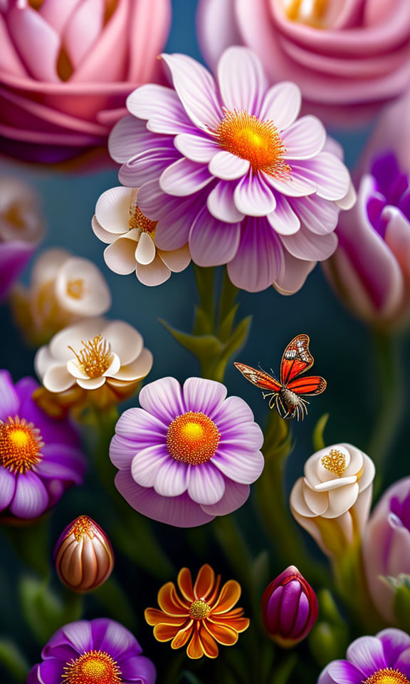 Colorful Flower and Butterfly on Dark Blue Background