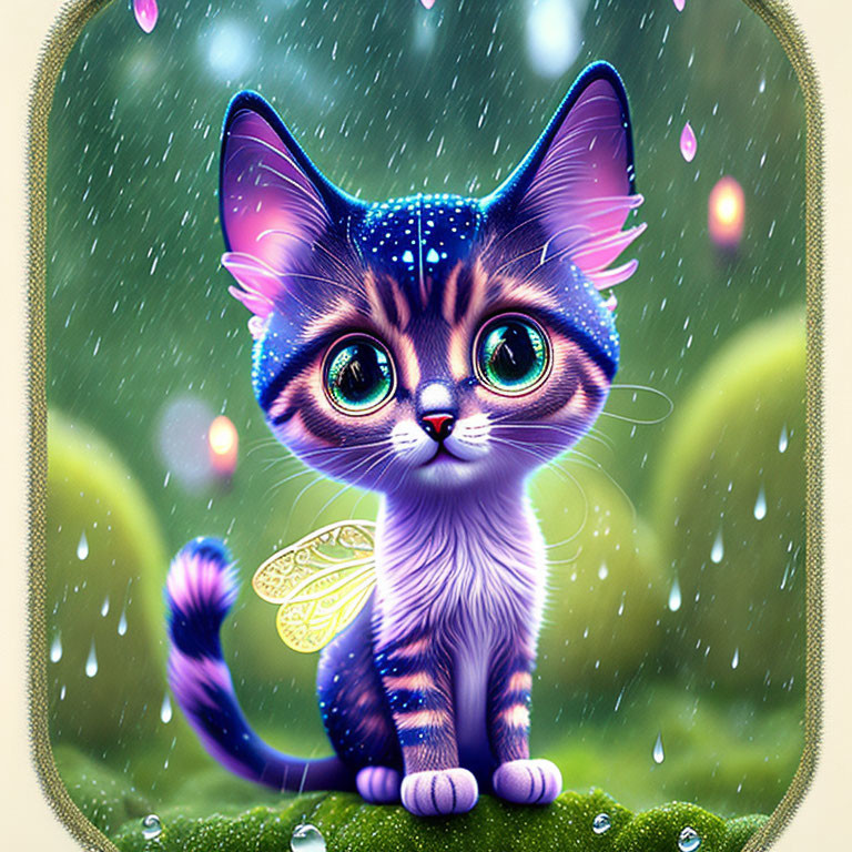 Fantasy kitten with butterfly wings in rainy lush environment