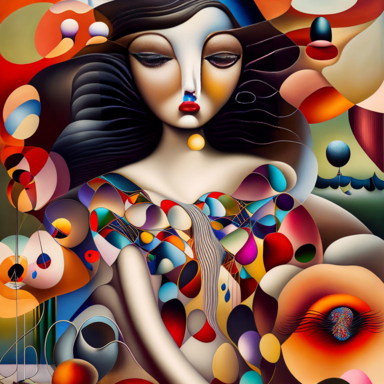 Abstract surreal portrait of stylized woman with flowing hair