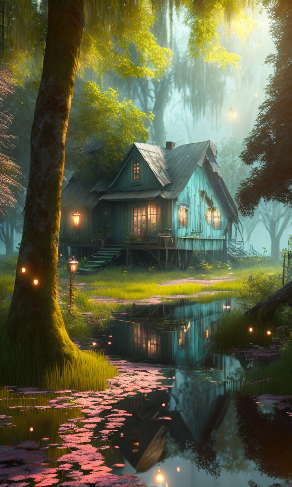 Tranquil forest scene: Blue house, warm lights, serene pond, pink flora