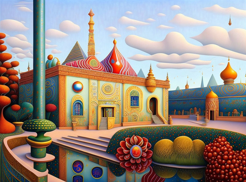 Colorful Stylized Architectural Landscape with Whimsical Flora