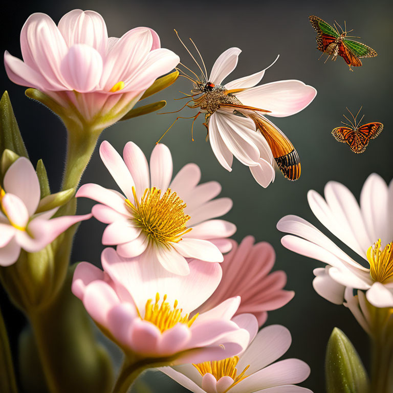 Pink daisies with yellow centers and insects in nature scene.