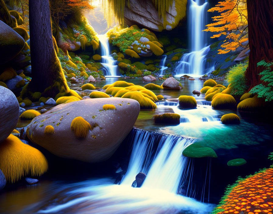 Tranquil waterfall in vibrant forest with moss-covered stones
