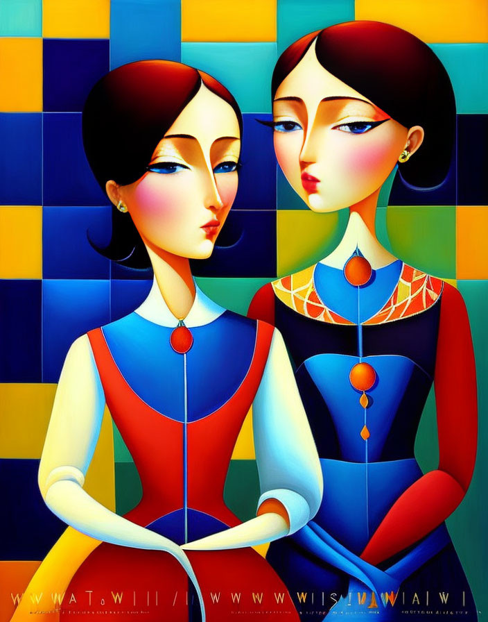 Stylized female figures in vibrant attire on colorful geometric background