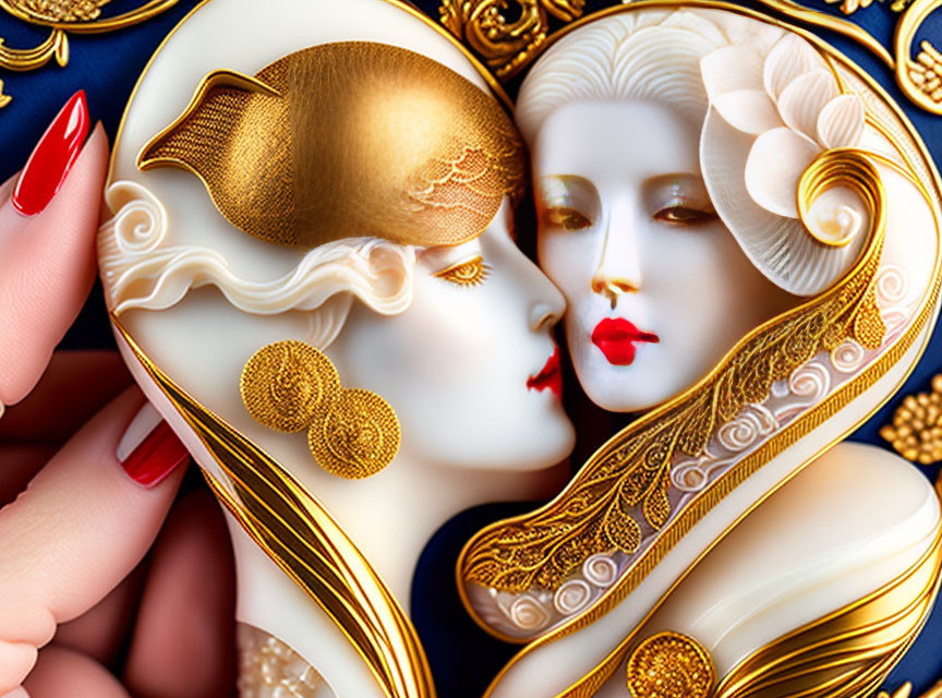 Close-Up Artistic Representation of Two Faces with Golden Embellishments