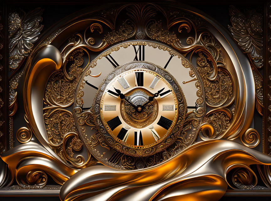 Intricate golden clock with Roman numerals on dark background
