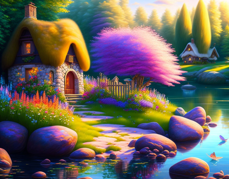 Colorful landscape with thatched-roof cottage, flowering trees, serene lake, lush foliage.