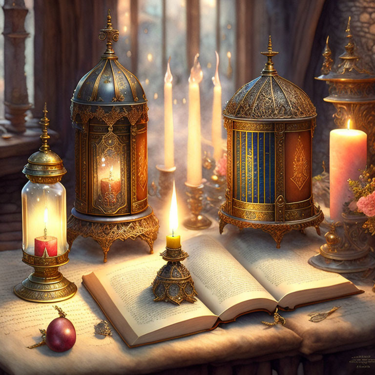 Book surrounded by candles, lanterns, and apple in cozy setting