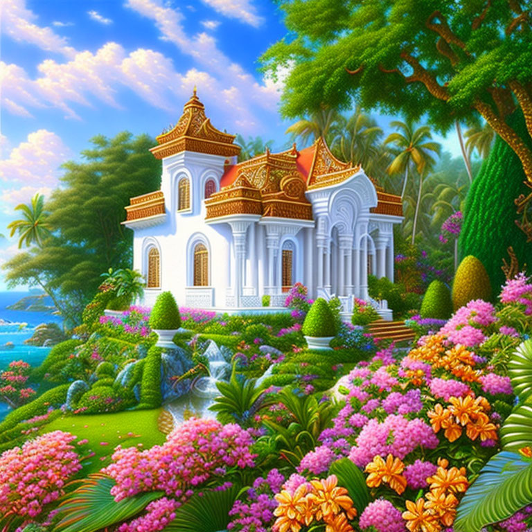 Colorful Tropical Scene: White & Gold Mansion in Lush Gardens