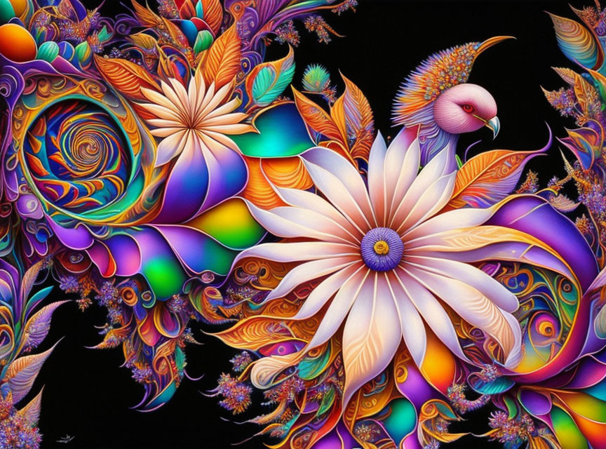 Colorful psychedelic artwork featuring large white flower, purple center, intricate floral and geometric patterns, and pink