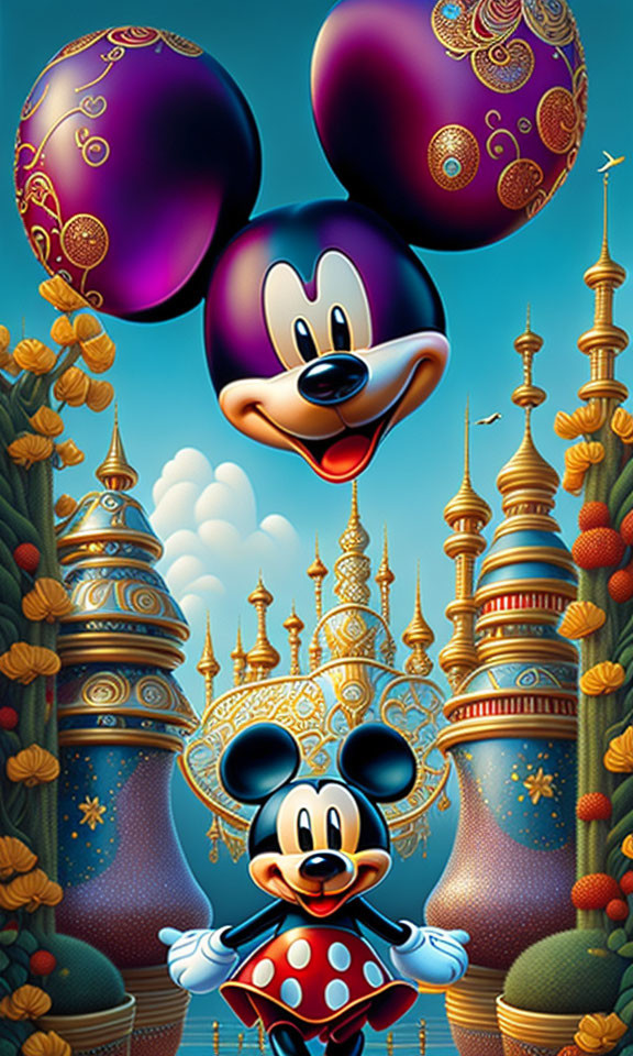 Colorful Mickey Mouse illustration with whimsical Eastern-inspired background.