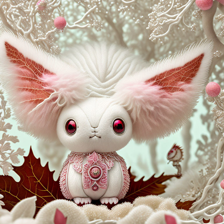 White fluffy cat-like creature with pink ears and red eyes in fantastical setting