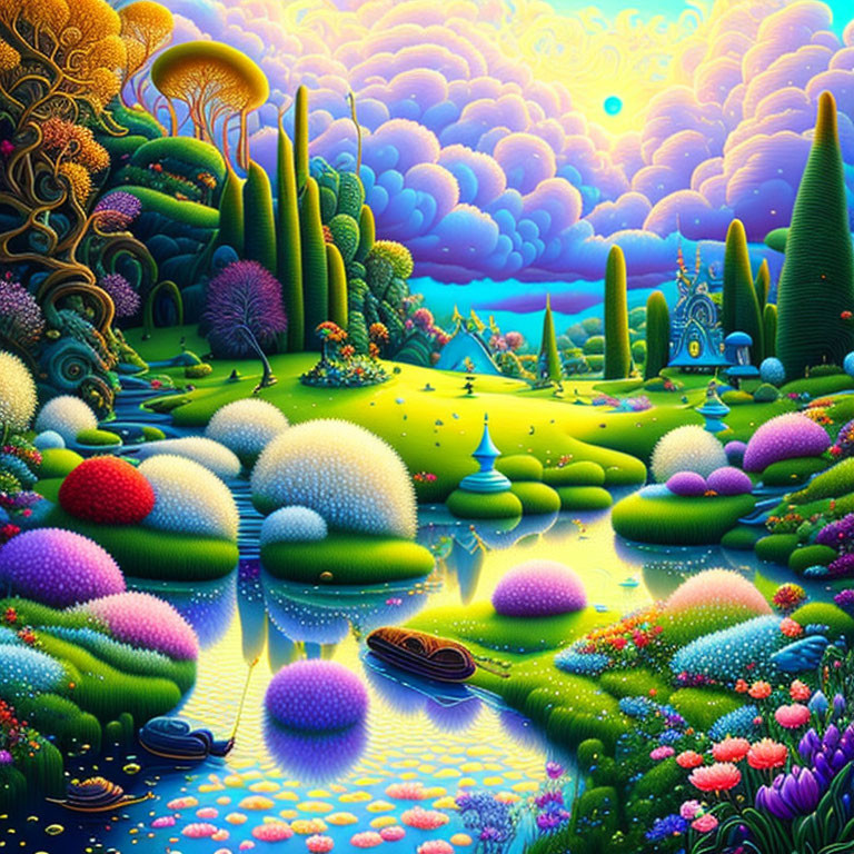 Colorful Rolling Hills and Serene River in Bright Landscape
