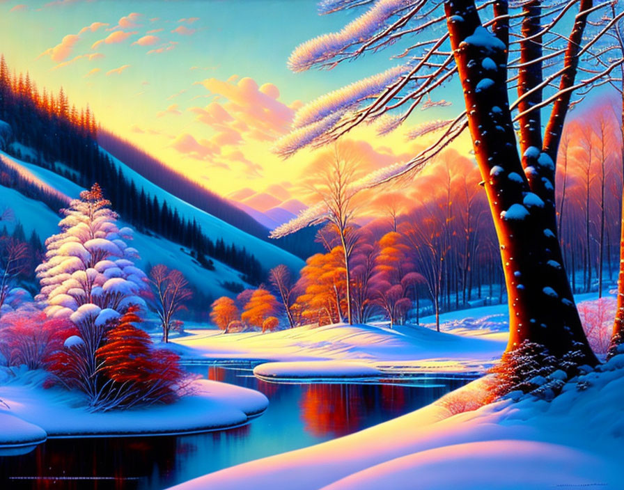 Winter landscape: snow-covered trees, frozen river, colorful sunset hues at dusk