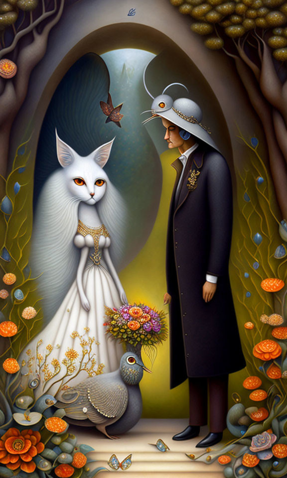 Anthropomorphic white cat in bridal gown meets bird-headed figure in forest