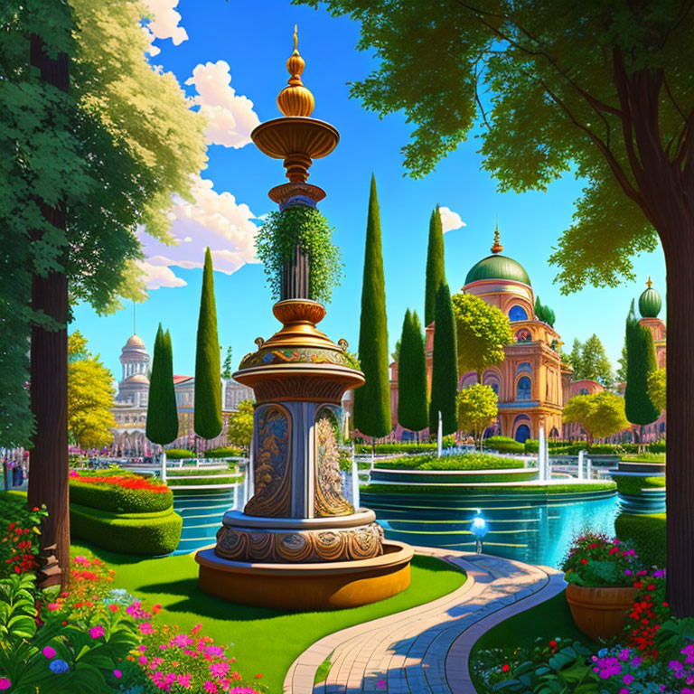 Ornate fountain in vibrant garden with topiary trees