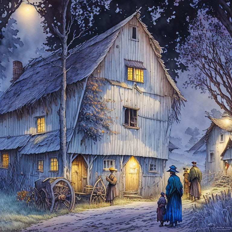 Old-fashioned village scene at twilight with rustic house and glowing lamp post