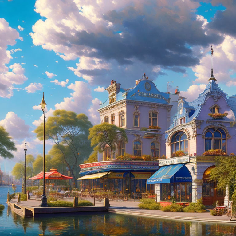 Ornate riverside building with blue awnings, sidewalk cafes, and serene waterway under blue