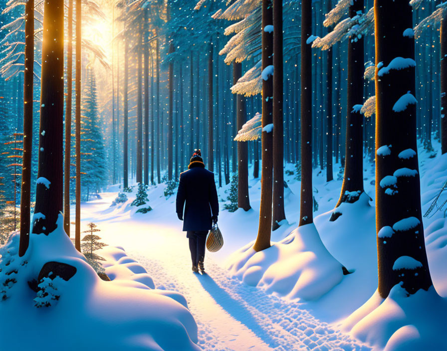 Snow-covered forest path with sunlight filtering through trees